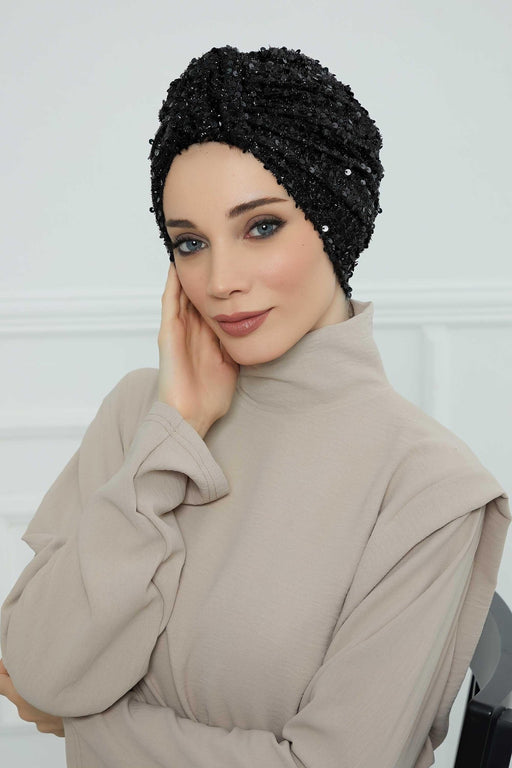 Sequined Instant Turban Head Wrap for Women, Fashionable and Chic Hijab Scarf Ready to Wear, Pre-Tied High Durability Chemo Headwear,B-68SK Black