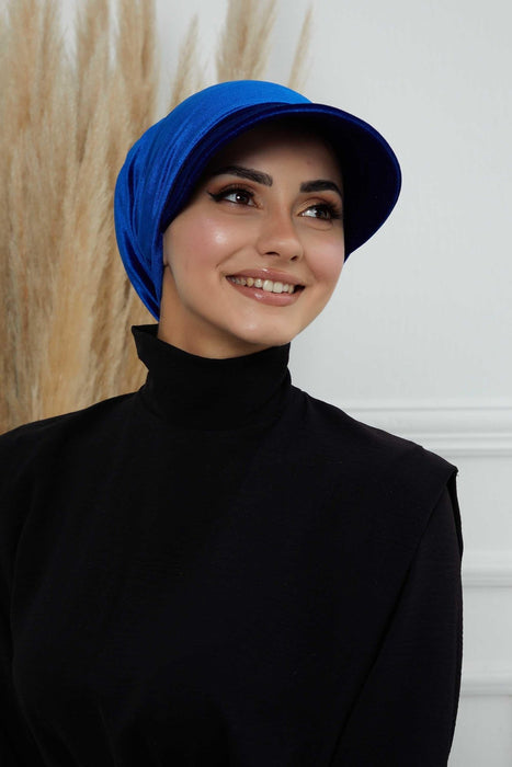 Pre-Tied Velvet Instant Turban Newsboy Hat for Women, Super Soft Velvet Visor Cap for Women, Sun Protective Visor Chemo Headwear,B-71K Sax Blue