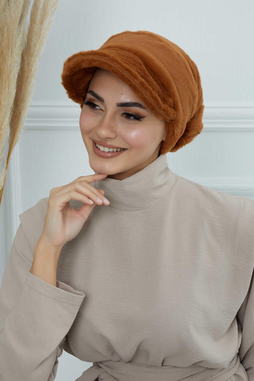 Velvety Plush Visor Turban for Women, Luxuriously Soft Handmade Instant Headwrap, Stylish Lightweight Plain Soft and Warm Visor Cap Hat,B-78 Light Brown