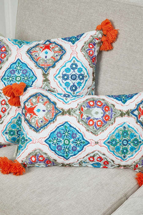 Vibrant Geometric Medallion Pillow Cover with Orange Tassels, Artistic Boho Cushion Case for Trendy Homes, 18x18 Printed Pillow Cover,K-367 Suzani Pattern 16