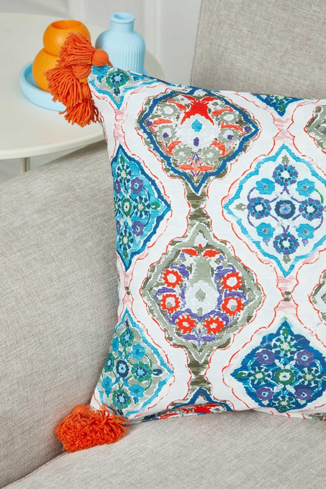 Vibrant Geometric Medallion Pillow Cover with Orange Tassels, Artistic Boho Cushion Case for Trendy Homes, 18x18 Printed Pillow Cover,K-367 Suzani Pattern 16