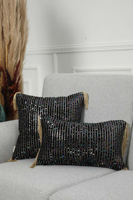 Boho Chic Velvet Striped Sequin Pillow Cover with Tassels, Handcrafted Decorative Double Sided Cushion Cover for Unique Home Styling,K-373 Black