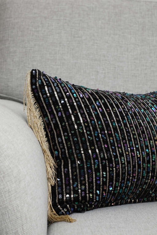 Artisan Sequined Velvet Lumbar Pillow Cover with Fringe Tassels, Eclectic Handmade Decorative Cushion Cover for Home Styling,K-374 Black