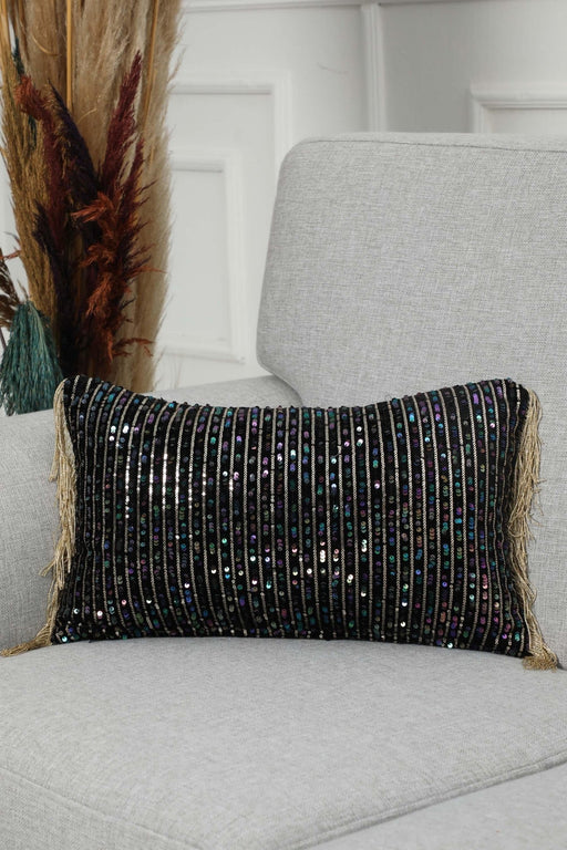 Artisan Sequined Velvet Lumbar Pillow Cover with Fringe Tassels, Eclectic Handmade Decorative Cushion Cover for Home Styling,K-374 Black