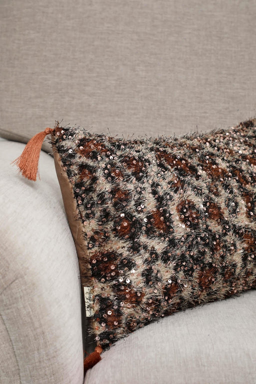 Leopard Patterned Velvet Pillow Cover with Eclectic Sequin Tassels, Two-Sided Bohemian Sparkle Cushion Cover for Chic Home Decor,K-378 Beige