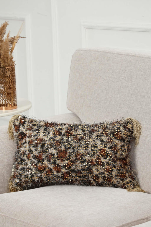 Bohemian Leopard Design Lumbar Pillow Cover with Tassels, Shaggy Sequin-Embellished Velvet Cushion Cover for Distinctive Home Decor,K-381 Beige