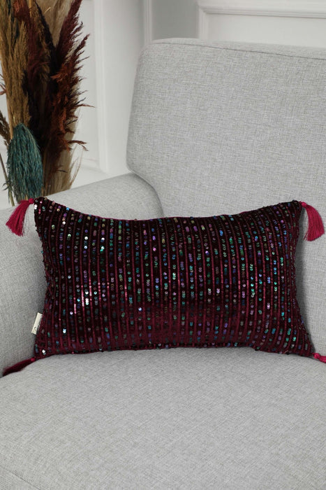 Striped Sequin Glam Velvet Lumbar Pillow Cover with Chic Tassels, Handcrafted Boho Chic Cushion Cover for Trendy Home Decor,K-382