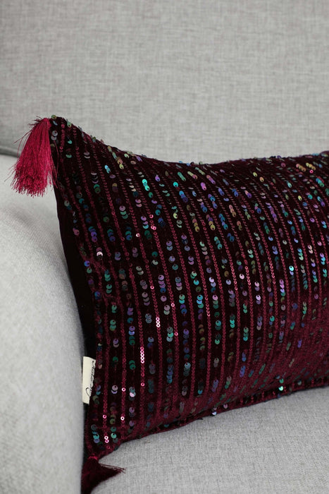 Striped Sequin Glam Velvet Lumbar Pillow Cover with Chic Tassels, Handcrafted Boho Chic Cushion Cover for Trendy Home Decor,K-382