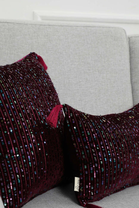 Striped Sequin Glam Velvet Lumbar Pillow Cover with Chic Tassels, Handcrafted Boho Chic Cushion Cover for Trendy Home Decor,K-382