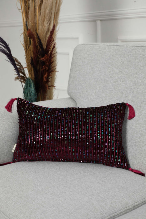 Striped Sequin Glam Velvet Lumbar Pillow Cover with Chic Tassels, Handcrafted Boho Chic Cushion Cover for Trendy Home Decor,K-382