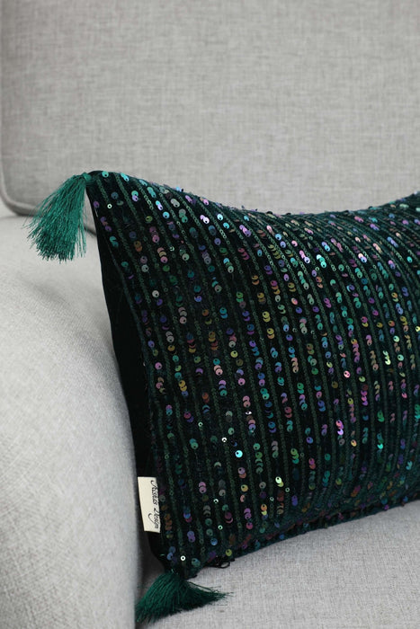 Striped Sequin Glam Velvet Lumbar Pillow Cover with Chic Tassels, Handcrafted Boho Chic Cushion Cover for Trendy Home Decor,K-382