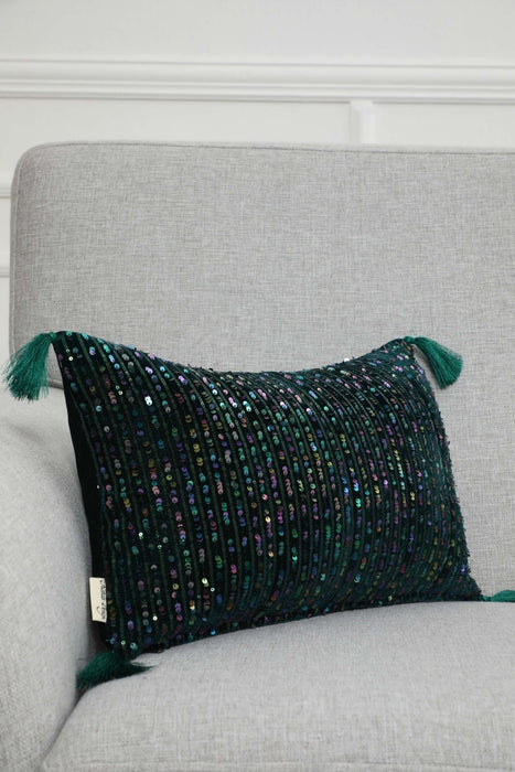 Striped Sequin Glam Velvet Lumbar Pillow Cover with Chic Tassels, Handcrafted Boho Chic Cushion Cover for Trendy Home Decor,K-382