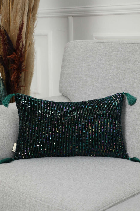 Striped Sequin Glam Velvet Lumbar Pillow Cover with Chic Tassels, Handcrafted Boho Chic Cushion Cover for Trendy Home Decor,K-382