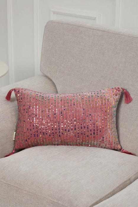 Striped Sequin Glam Velvet Lumbar Pillow Cover with Chic Tassels, Handcrafted Boho Chic Cushion Cover for Trendy Home Decor,K-382