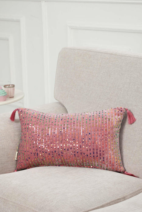 Striped Sequin Glam Velvet Lumbar Pillow Cover with Chic Tassels, Handcrafted Boho Chic Cushion Cover for Trendy Home Decor,K-382