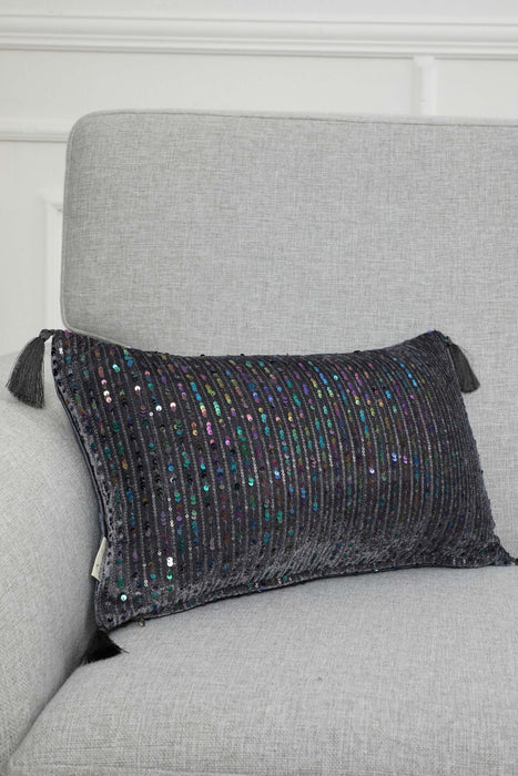 Striped Sequin Glam Velvet Lumbar Pillow Cover with Chic Tassels, Handcrafted Boho Chic Cushion Cover for Trendy Home Decor,K-382