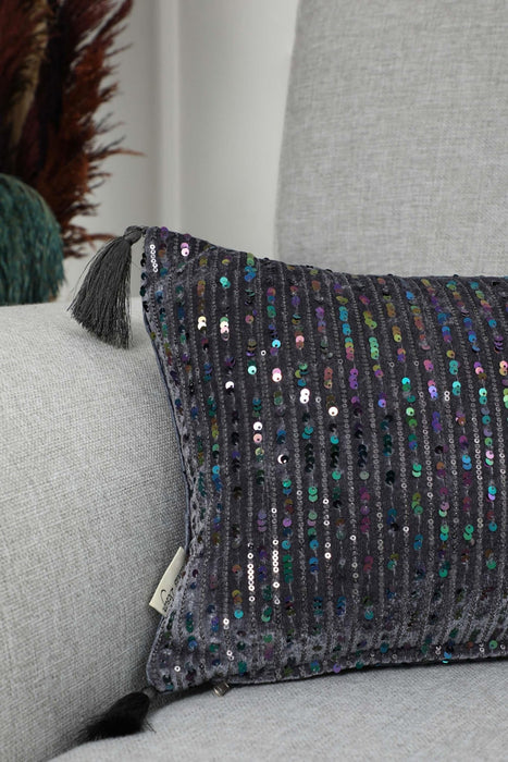 Striped Sequin Glam Velvet Lumbar Pillow Cover with Chic Tassels, Handcrafted Boho Chic Cushion Cover for Trendy Home Decor,K-382