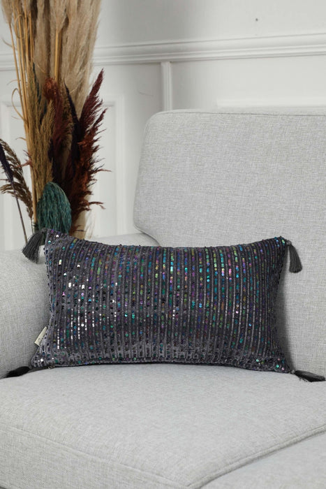 Striped Sequin Glam Velvet Lumbar Pillow Cover with Chic Tassels, Handcrafted Boho Chic Cushion Cover for Trendy Home Decor,K-382