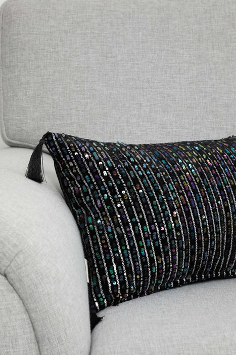 Striped Sequin Glam Velvet Lumbar Pillow Cover with Chic Tassels, Handcrafted Boho Chic Cushion Cover for Trendy Home Decor,K-382