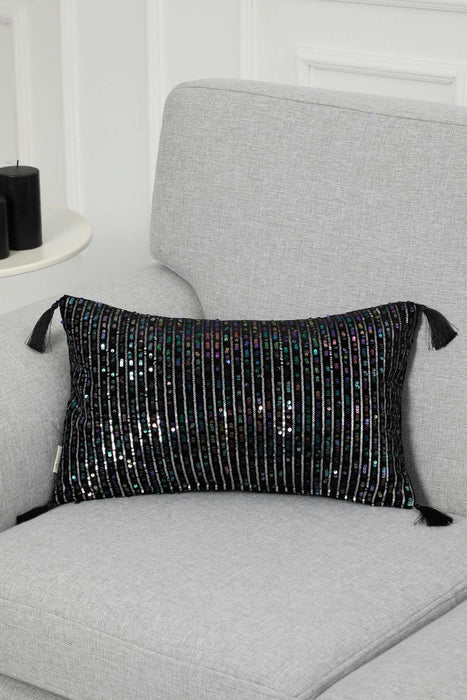 Striped Sequin Glam Velvet Lumbar Pillow Cover with Chic Tassels, Handcrafted Boho Chic Cushion Cover for Trendy Home Decor,K-382