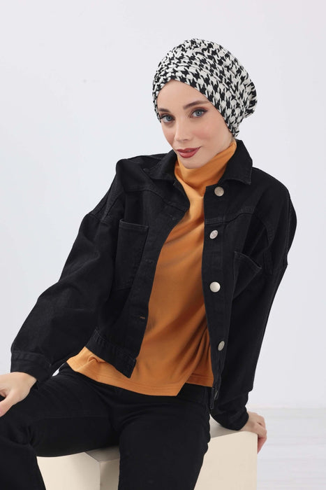 Chic Shirred Winter Turban Bonnet with Houndstooth & Leopard Prints, Cozy Patterned Winter Headwrap made from High Quality Fabric,B-13DIV