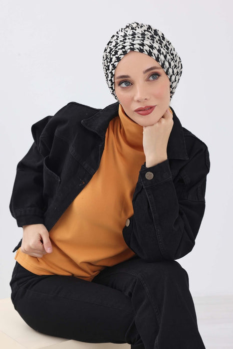 Chic Shirred Winter Turban Bonnet with Houndstooth & Leopard Prints, Cozy Patterned Winter Headwrap made from High Quality Fabric,B-13DIV