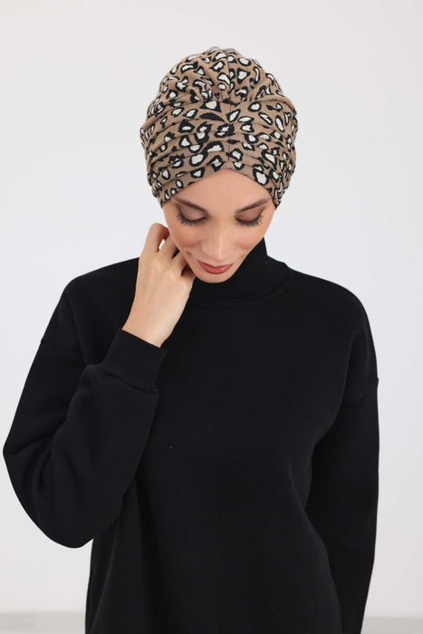 Chic Shirred Winter Turban Bonnet with Houndstooth & Leopard Prints, Cozy Patterned Winter Headwrap made from High Quality Fabric,B-13DIV