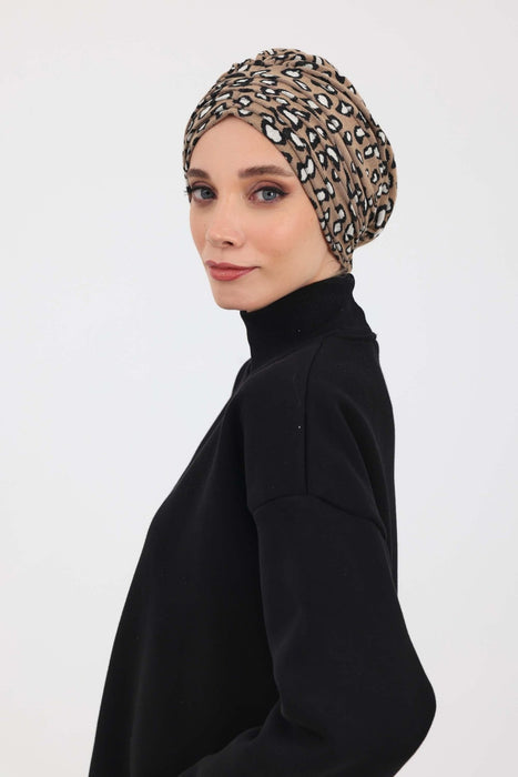 Chic Shirred Winter Turban Bonnet with Houndstooth & Leopard Prints, Cozy Patterned Winter Headwrap made from High Quality Fabric,B-13DIV