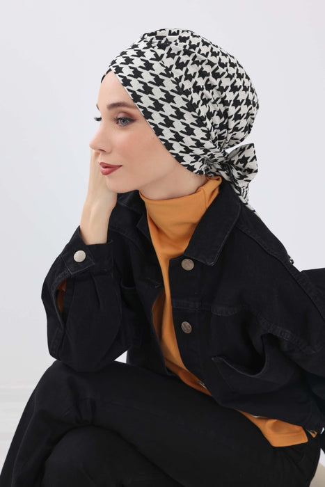 Patterned Winter Turban Bonnet with Back-Tie, Cozy Polyviscose Headwrap for Women, Houndstooth & Leopard Print Instant Turban Bonnet,B-31DIV