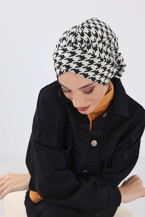 Patterned Winter Turban Bonnet with Back-Tie, Cozy Polyviscose Headwrap for Women, Houndstooth & Leopard Print Instant Turban Bonnet,B-31DIV