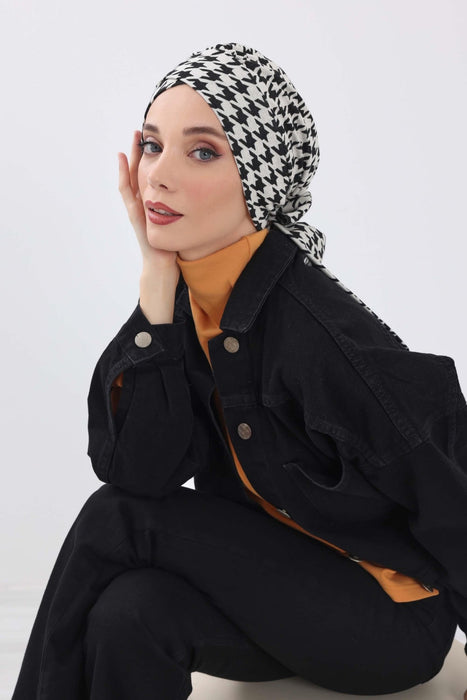 Patterned Winter Turban Bonnet with Back-Tie, Cozy Polyviscose Headwrap for Women, Houndstooth & Leopard Print Instant Turban Bonnet,B-31DIV