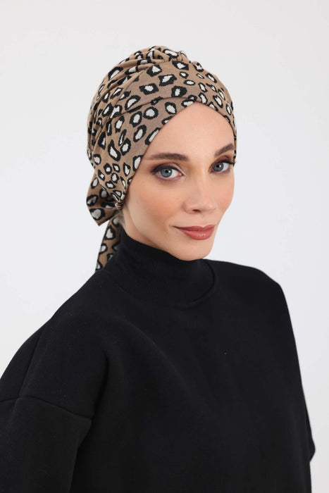 Patterned Winter Turban Bonnet with Back-Tie, Cozy Polyviscose Headwrap for Women, Houndstooth & Leopard Print Instant Turban Bonnet,B-31DIV