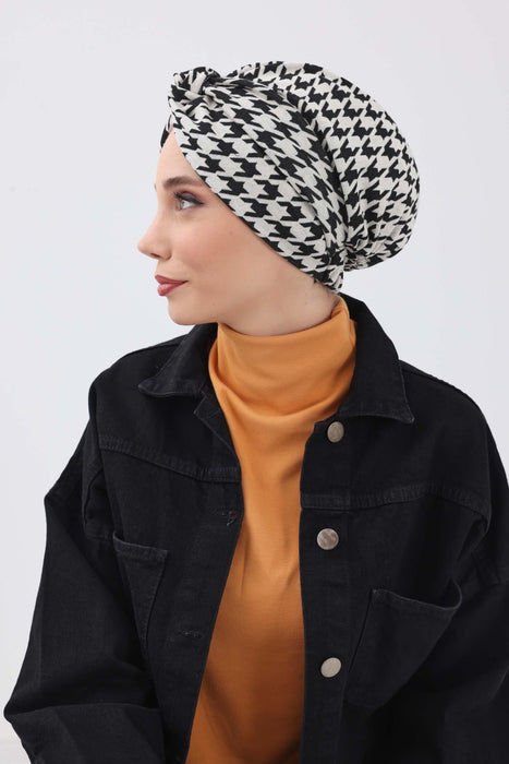 Maharajah-Style Winter Turban Bonnet with Houndstooth & Leopard Patterns, Stretchable Soft Polyviscose Winter Turban Bonnet for Women,B-4DIV