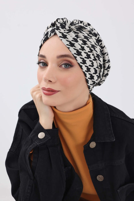 Maharajah-Style Winter Turban Bonnet with Houndstooth & Leopard Patterns, Stretchable Soft Polyviscose Winter Turban Bonnet for Women,B-4DIV