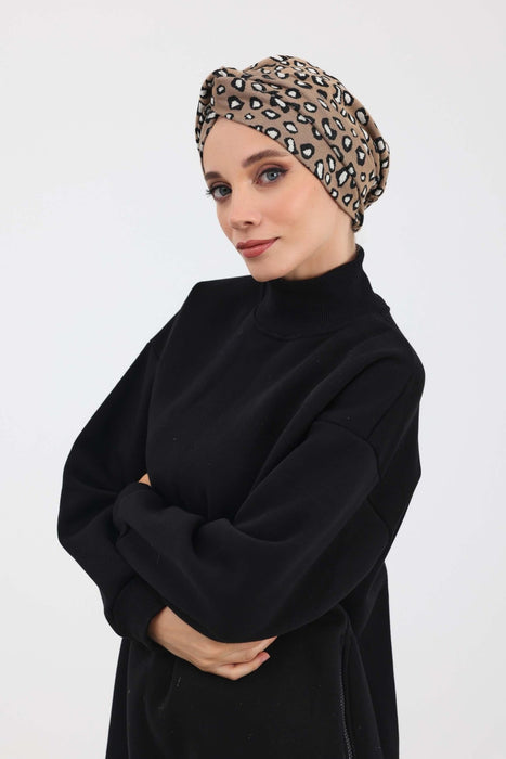 Maharajah-Style Winter Turban Bonnet with Houndstooth & Leopard Patterns, Stretchable Soft Polyviscose Winter Turban Bonnet for Women,B-4DIV