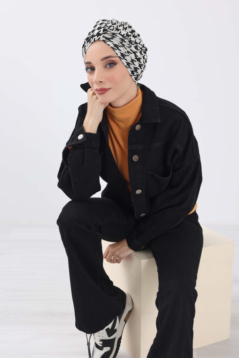 Chic Knot Detail Winter Turban Bonnet for Women, Cozy Houndstooth & Leopard Patterned Headwrap, Elegant Winter Turban Bonnet Cap,B-68DIV