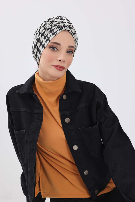 Chic Knot Detail Winter Turban Bonnet for Women, Cozy Houndstooth & Leopard Patterned Headwrap, Elegant Winter Turban Bonnet Cap,B-68DIV