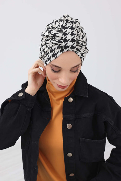 Chic Knot Detail Winter Turban Bonnet for Women, Cozy Houndstooth & Leopard Patterned Headwrap, Elegant Winter Turban Bonnet Cap,B-68DIV