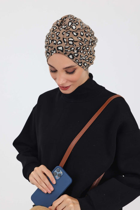 Chic Knot Detail Winter Turban Bonnet for Women, Cozy Houndstooth & Leopard Patterned Headwrap, Elegant Winter Turban Bonnet Cap,B-68DIV