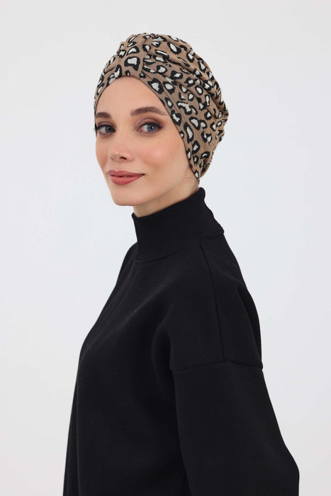 Chic Knot Detail Winter Turban Bonnet for Women, Cozy Houndstooth & Leopard Patterned Headwrap, Elegant Winter Turban Bonnet Cap,B-68DIV