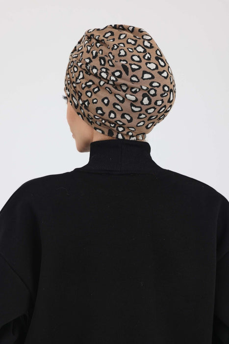 Chic Knot Detail Winter Turban Bonnet for Women, Cozy Houndstooth & Leopard Patterned Headwrap, Elegant Winter Turban Bonnet Cap,B-68DIV