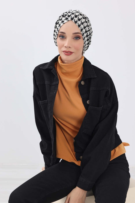 Winter Turban Bonnet with Leopard & Houndstooth Patterns, Soft Polyviscose High Quality Hijab Headwrap for Cold Weather,B-9DIV