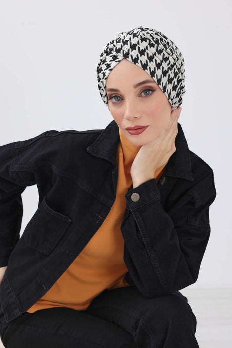 Winter Turban Bonnet with Leopard & Houndstooth Patterns, Soft Polyviscose High Quality Hijab Headwrap for Cold Weather,B-9DIV