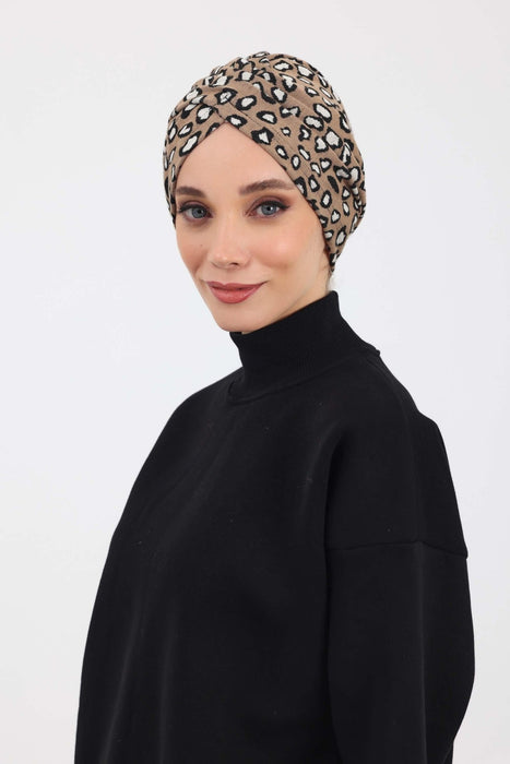 Winter Turban Bonnet with Leopard & Houndstooth Patterns, Soft Polyviscose High Quality Hijab Headwrap for Cold Weather,B-9DIV