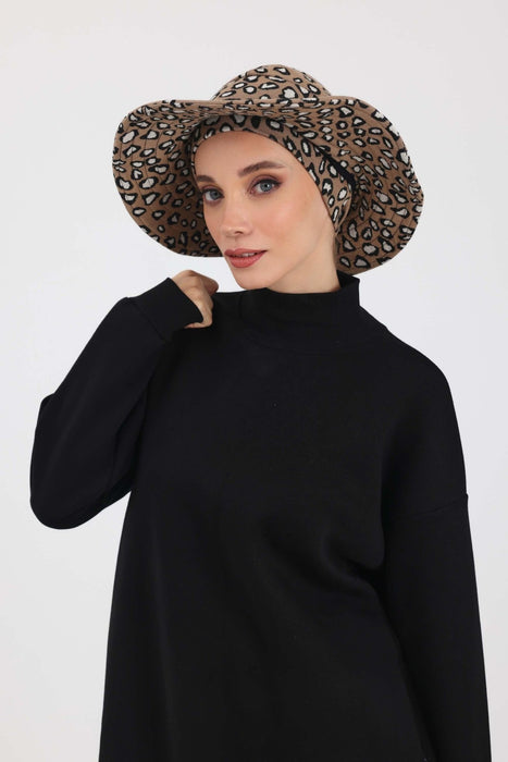 Leopard & Houndstooth Pattern Turban Sun Hat with Detachable Elastic-Fit Visor, Sun Protective Head Cover for Women,S-3DIV