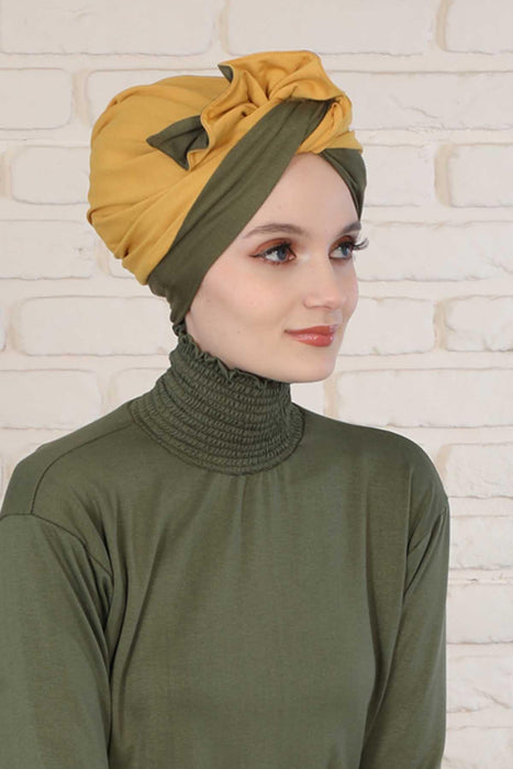 Bicolored Cotton Instant Turban Hijab for Women, Fashionable Women Head Cover for Stylish Look, Comfortable and Fancy Chemo Headwear,B-46 Army Green - Mustard Yellow