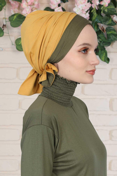 Bicolored Cotton Instant Turban Hijab for Women, Fashionable Women Head Cover for Stylish Look, Comfortable and Fancy Chemo Headwear,B-46 Army Green - Mustard Yellow