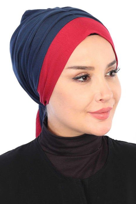 Bicolored Cotton Instant Turban Hijab for Women, Fashionable Women Head Cover for Stylish Look, Comfortable and Fancy Chemo Headwear,B-46 Maroon - Navy Blue
