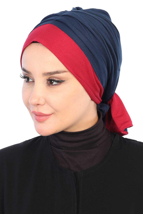 Bicolored Cotton Instant Turban Hijab for Women, Fashionable Women Head Cover for Stylish Look, Comfortable and Fancy Chemo Headwear,B-46 Maroon - Navy Blue