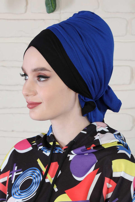 Bicolored Cotton Instant Turban Hijab for Women, Fashionable Women Head Cover for Stylish Look, Comfortable and Fancy Chemo Headwear,B-46 Black - Sax Blue